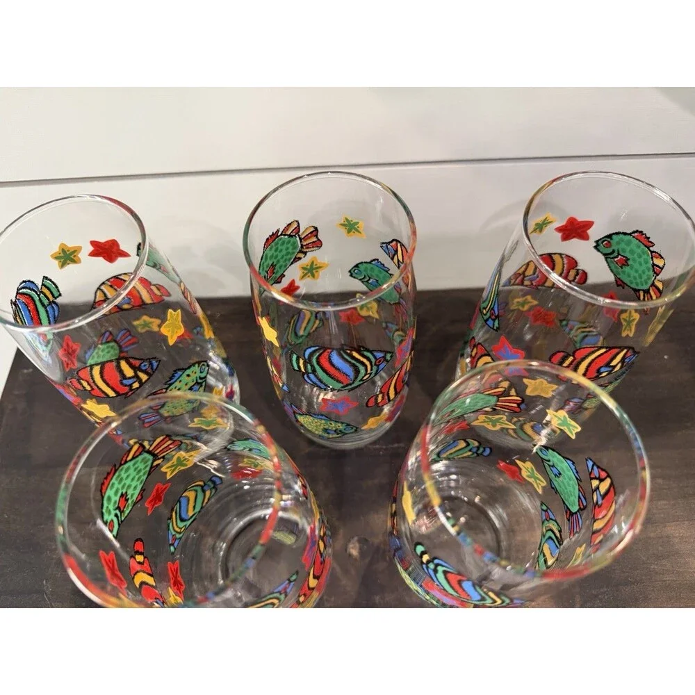 Lot of 5 Libbey 16 oz Tropical Fish Glasses Tumblers Vintage Retro